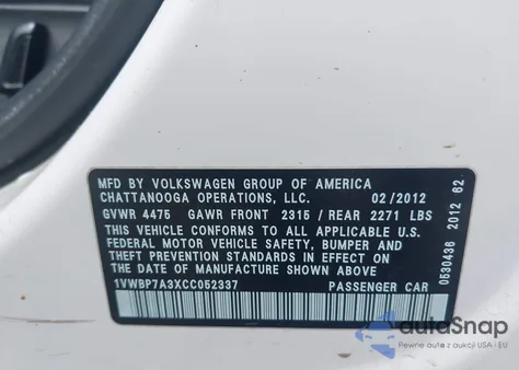 2012 Volkswagen Passat 2.5L Se from USA, damaged, VIN 1VWBP7A3XCC052337